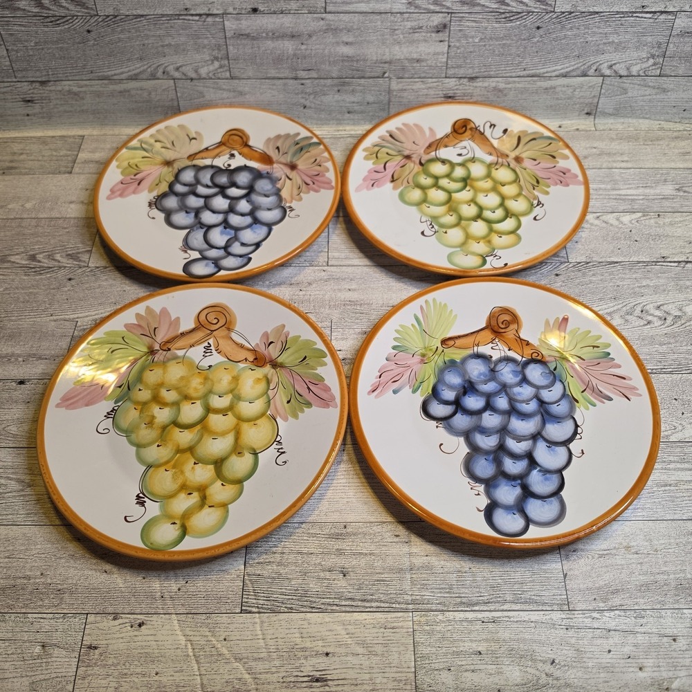 Set 4 A Santos Portugal Hand Painted Grape Dinner Plates Majolica Vintage